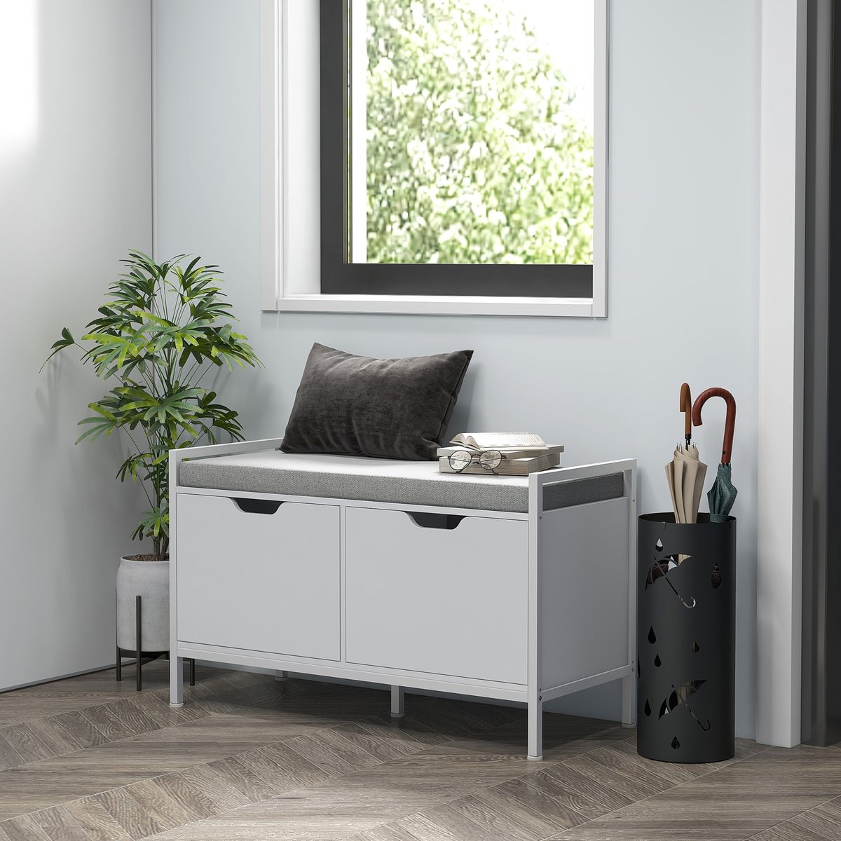 Banco zapatero Flow Homcom asiento + 2 compartimentos blanco 50x84x35 cm