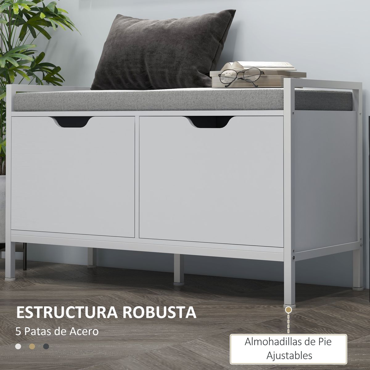 Banco zapatero Flow Homcom asiento + 2 compartimentos blanco 50x84x35 cm