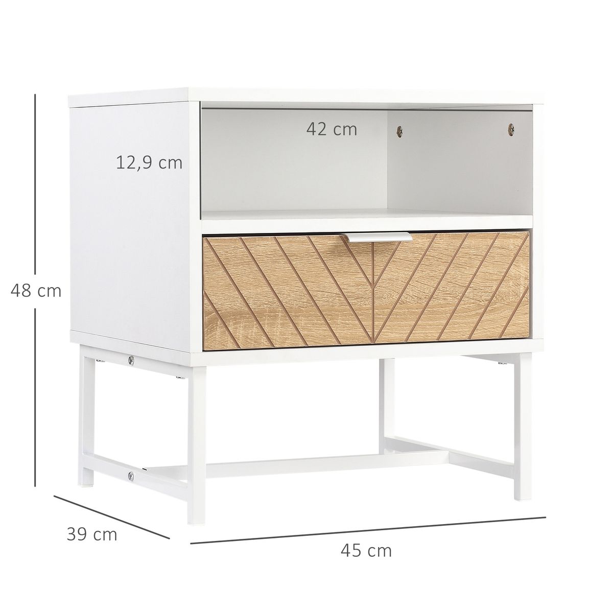 Mesita de noche Calandiva Homcom 1 compartimento + 1 cajón blanco/natural 48x45x39 cm medidas