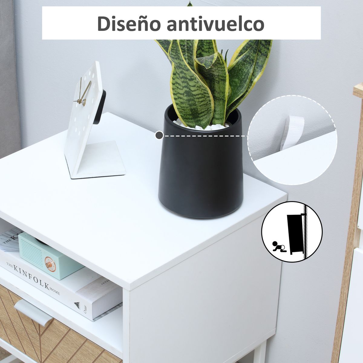 Mesita de noche Calandiva Homcom 1 compartimento + 1 cajón blanco/natural 48x45x39 cm
