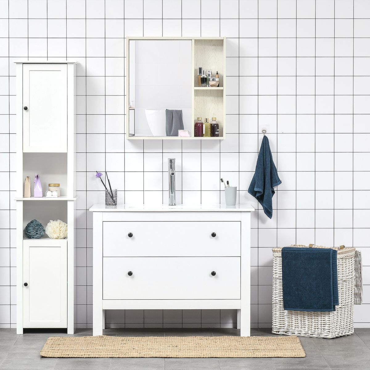 Armario de baño Orquídea Kleankin con espejo + 2 compartimentos blanco 65x63x15 cm ambientada baño