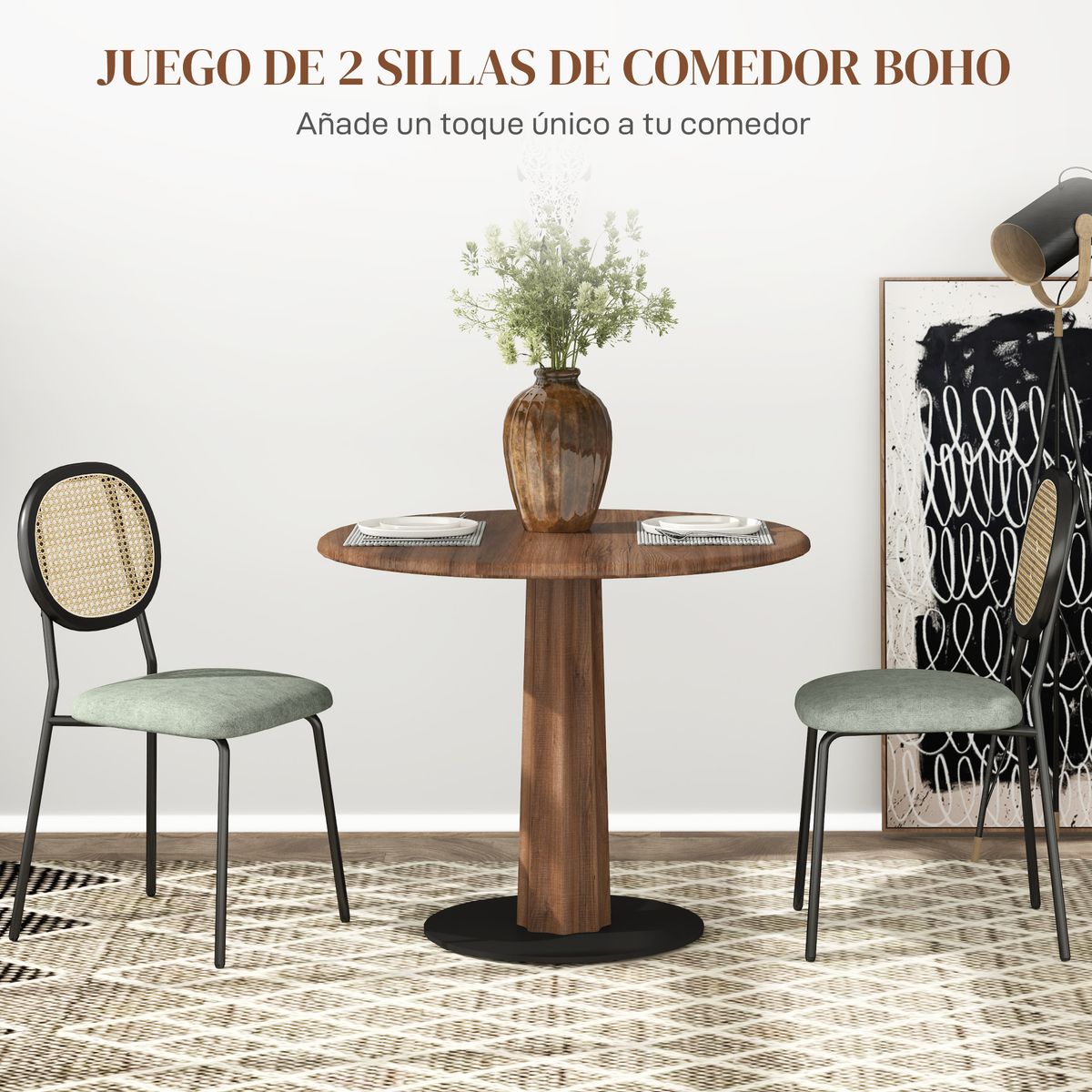 Pack de 2 sillas Platy Homcom respaldo ratán verde oscuro/negro 87x44x54 cm web