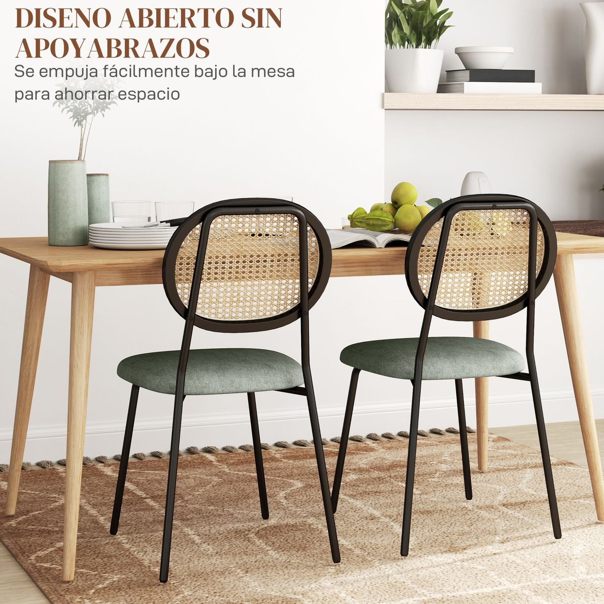 Pack de 2 sillas Platy Homcom respaldo ratán verde oscuro/negro 87x44x54 cm