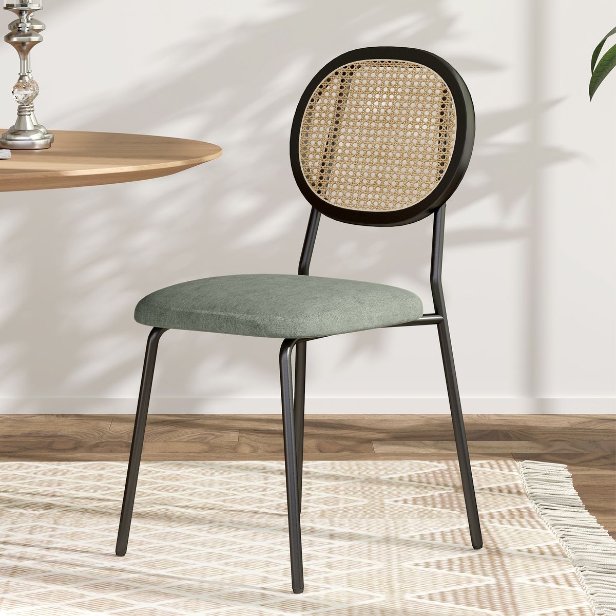 Pack de 2 sillas Platy Homcom respaldo ratán verde oscuro/negro 87x44x54 cm detalle silla