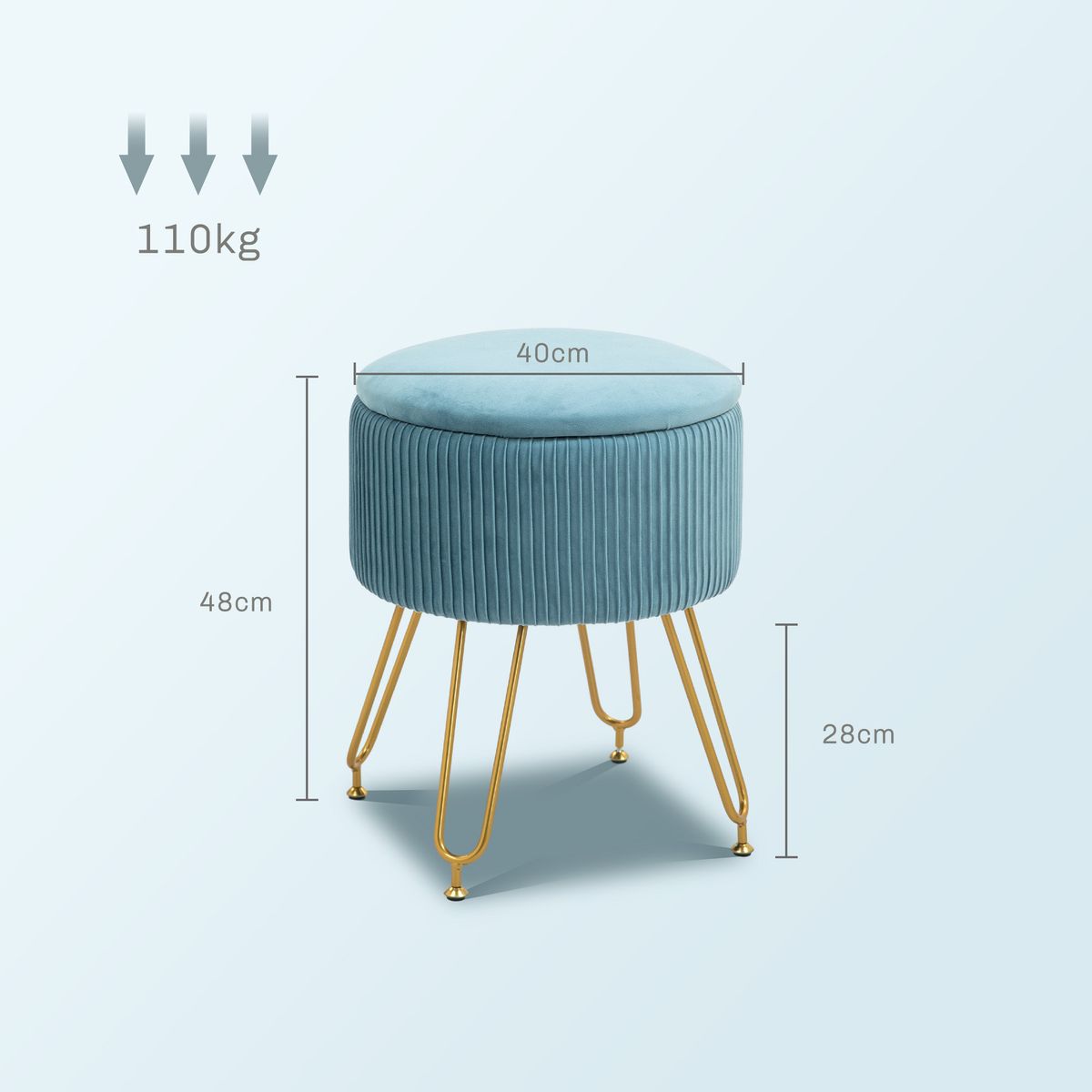 Puff de almacenaje Circón Homcom con tapa azul claro Ø40x48 cm medidas