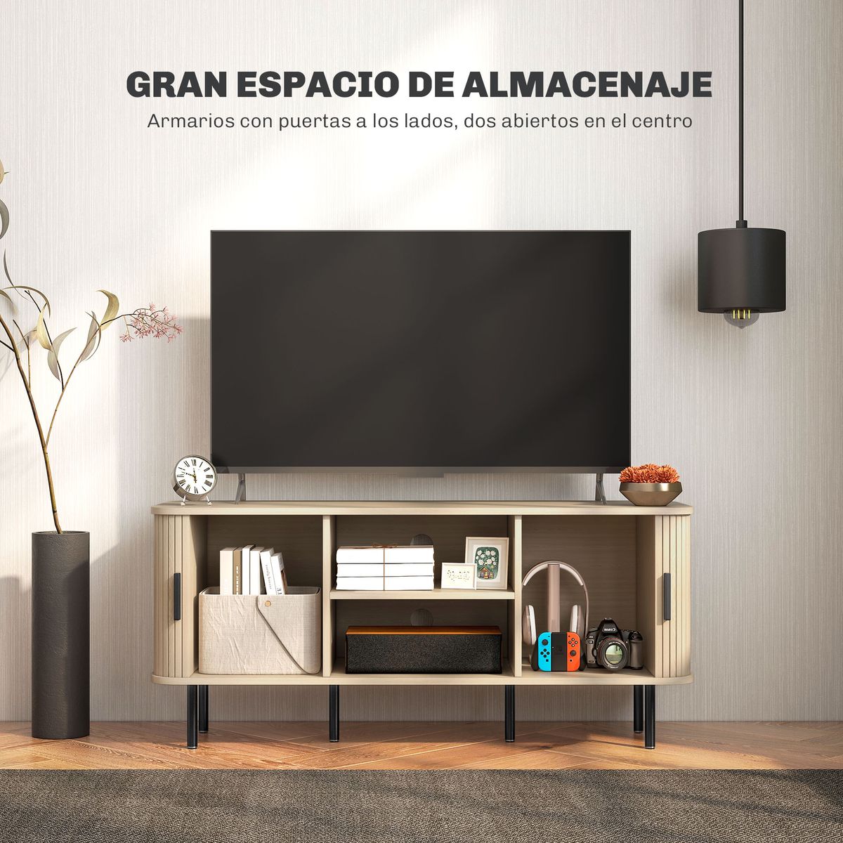 Mueble de TV Calamita Homcom 2 puertas + 2 compartimentos roble 55x120x40 cm frontal