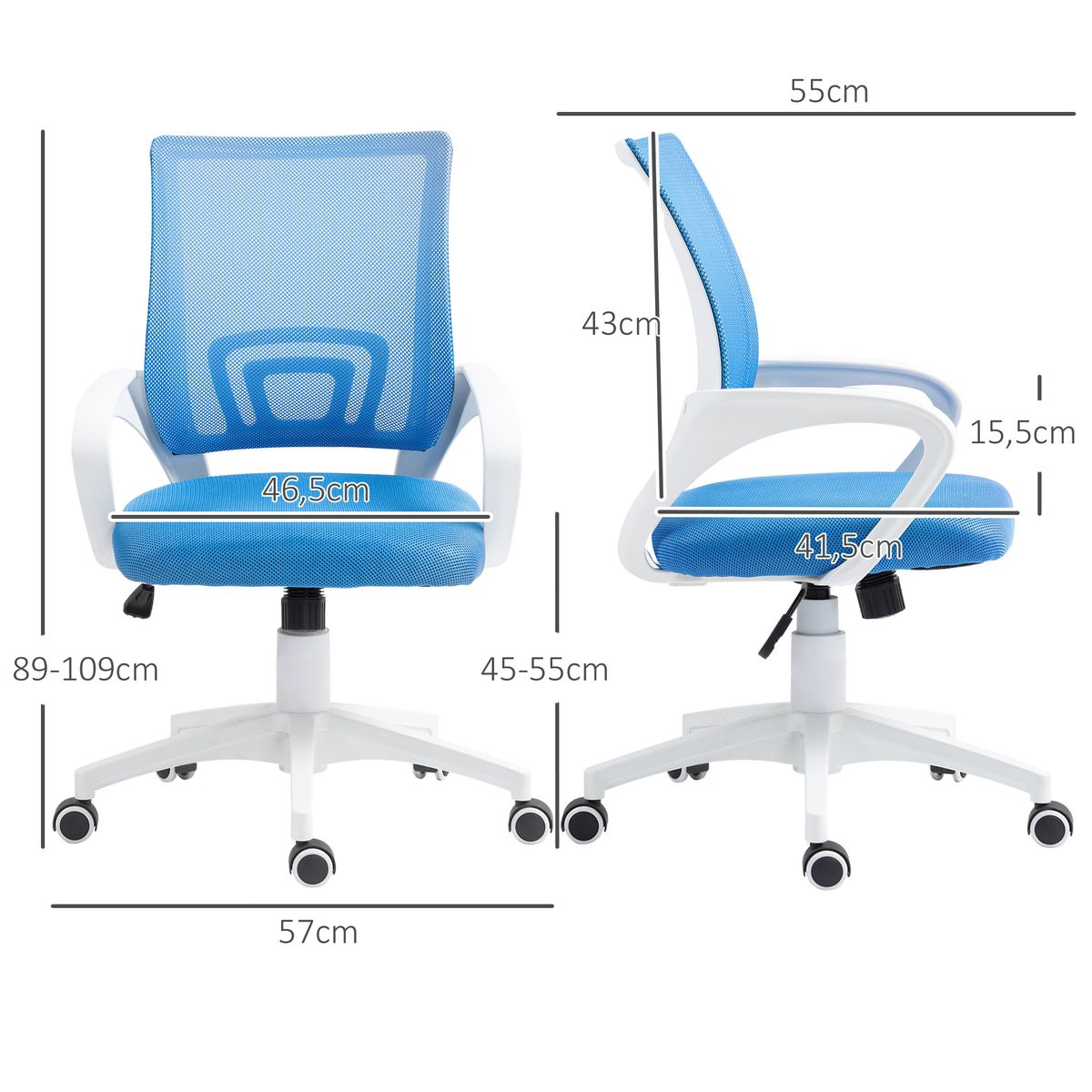 Silla de oficina Waco Homcom basculante con reposabrazos + ruedas azul 89-109x57x55 cm