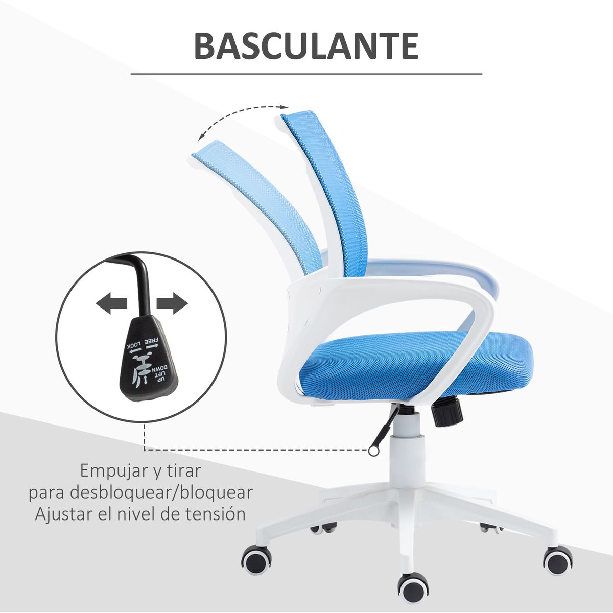 Silla de oficina Waco Homcom basculante con reposabrazos + ruedas azul 89-109x57x55 cm