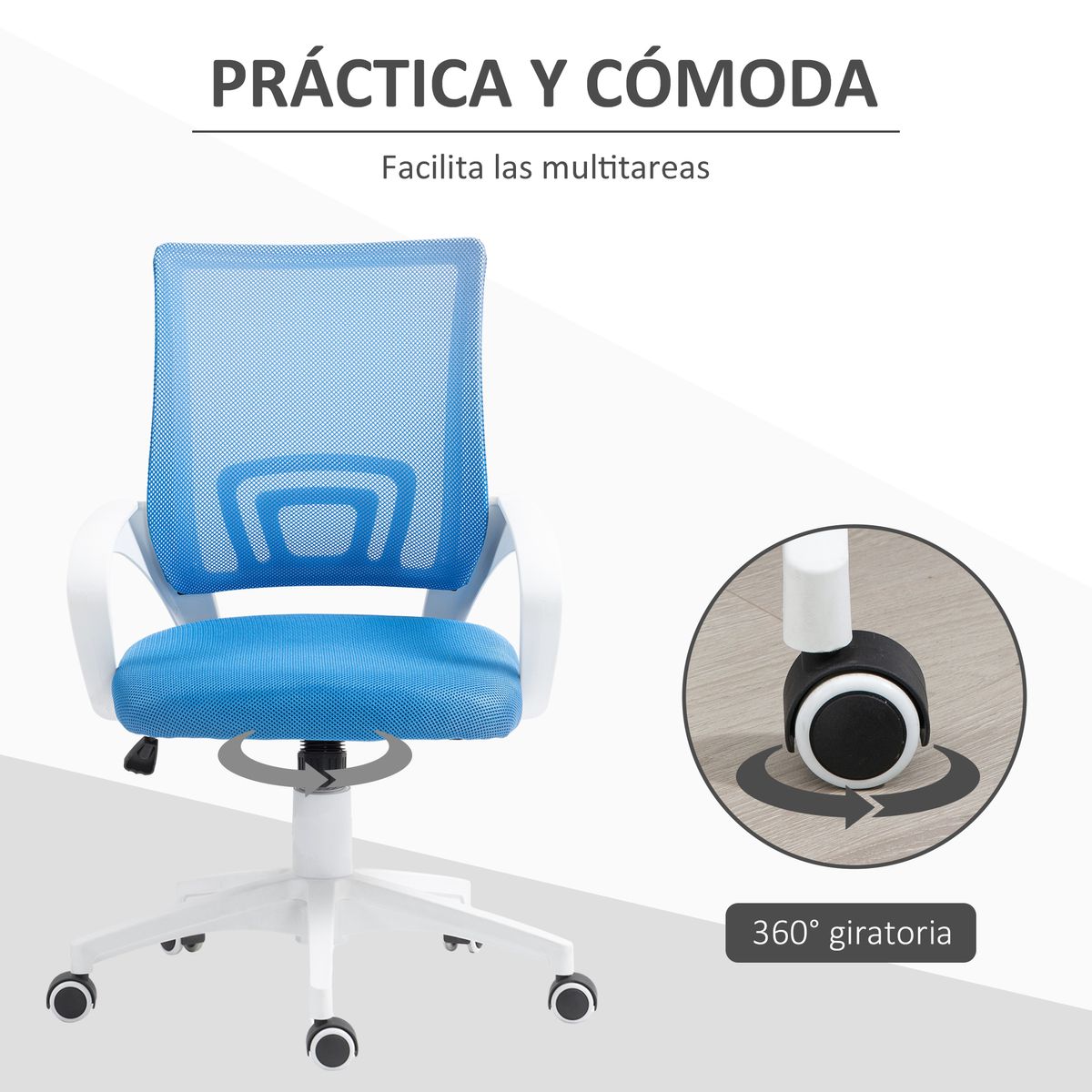 Silla de oficina Waco Homcom basculante con reposabrazos + ruedas azul 89-109x57x55 cm
