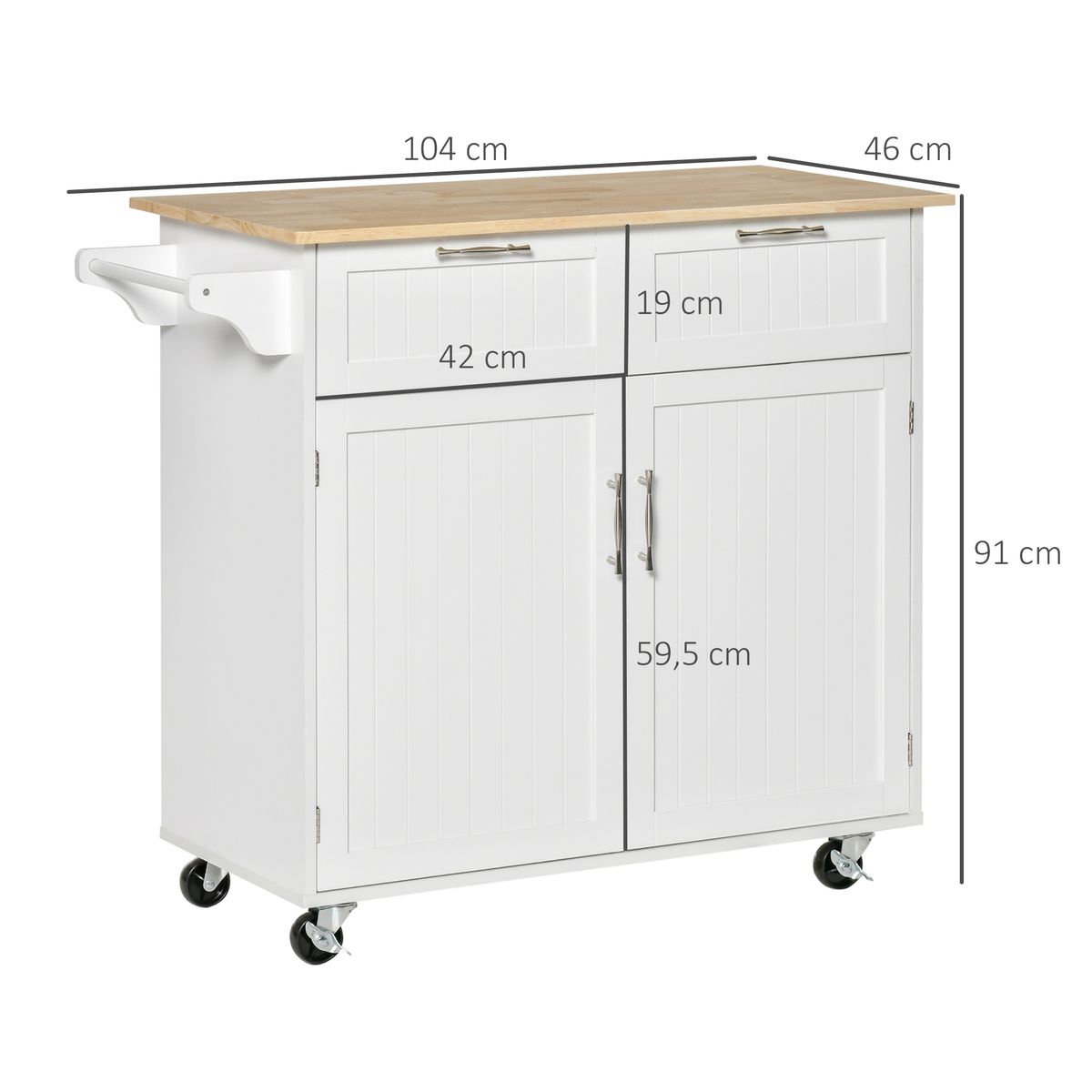 Mueble auxiliar Hibisco Homcom 2 cajones + armario + barra con ruedas blanco 91x104x46 cm medidas