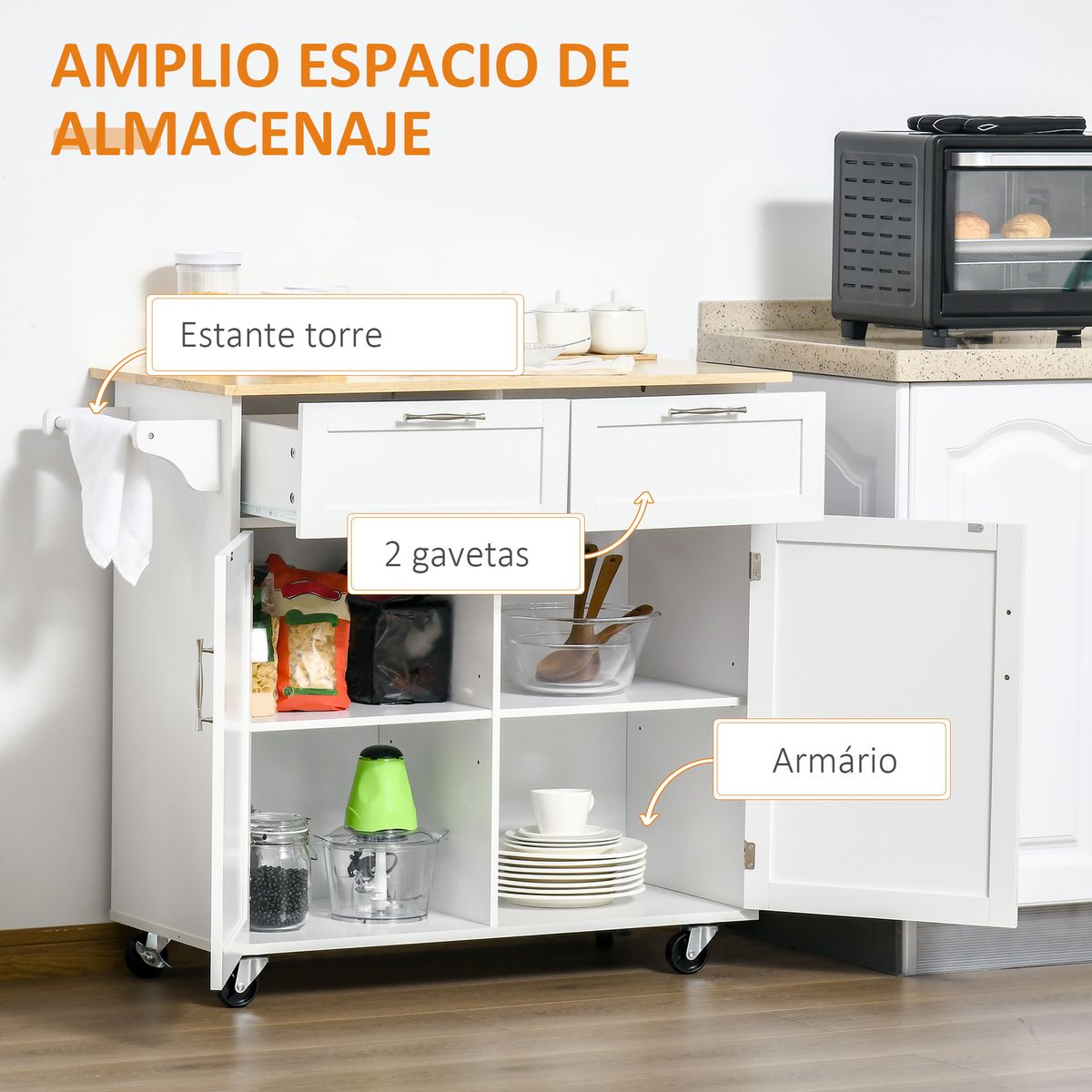 Mueble auxiliar Hibisco Homcom 2 cajones + armario + barra con ruedas blanco 91x104x46 cm