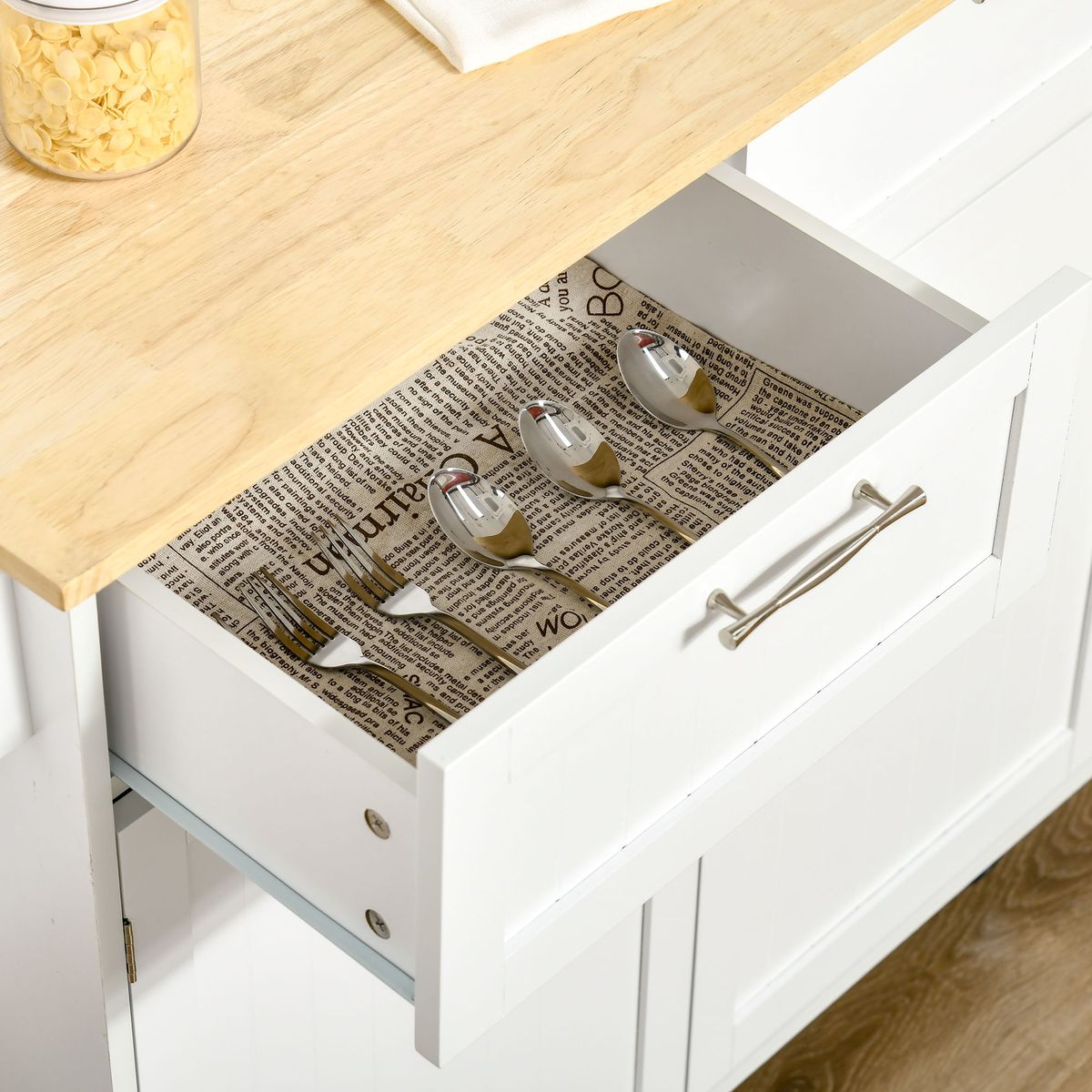 Mueble auxiliar Hibisco Homcom 2 cajones + armario + barra con ruedas blanco 91x104x46 cm detalle