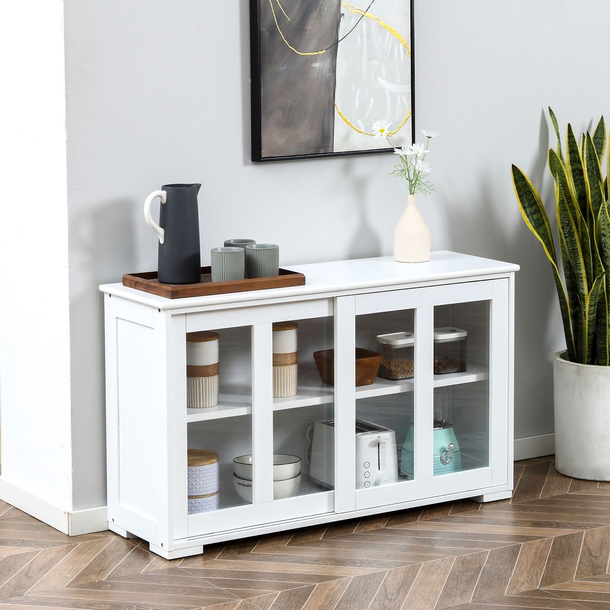 Aparador Cuarzo Homcom 2 puertas corredizas blanco 62,5x107x33 cm animada