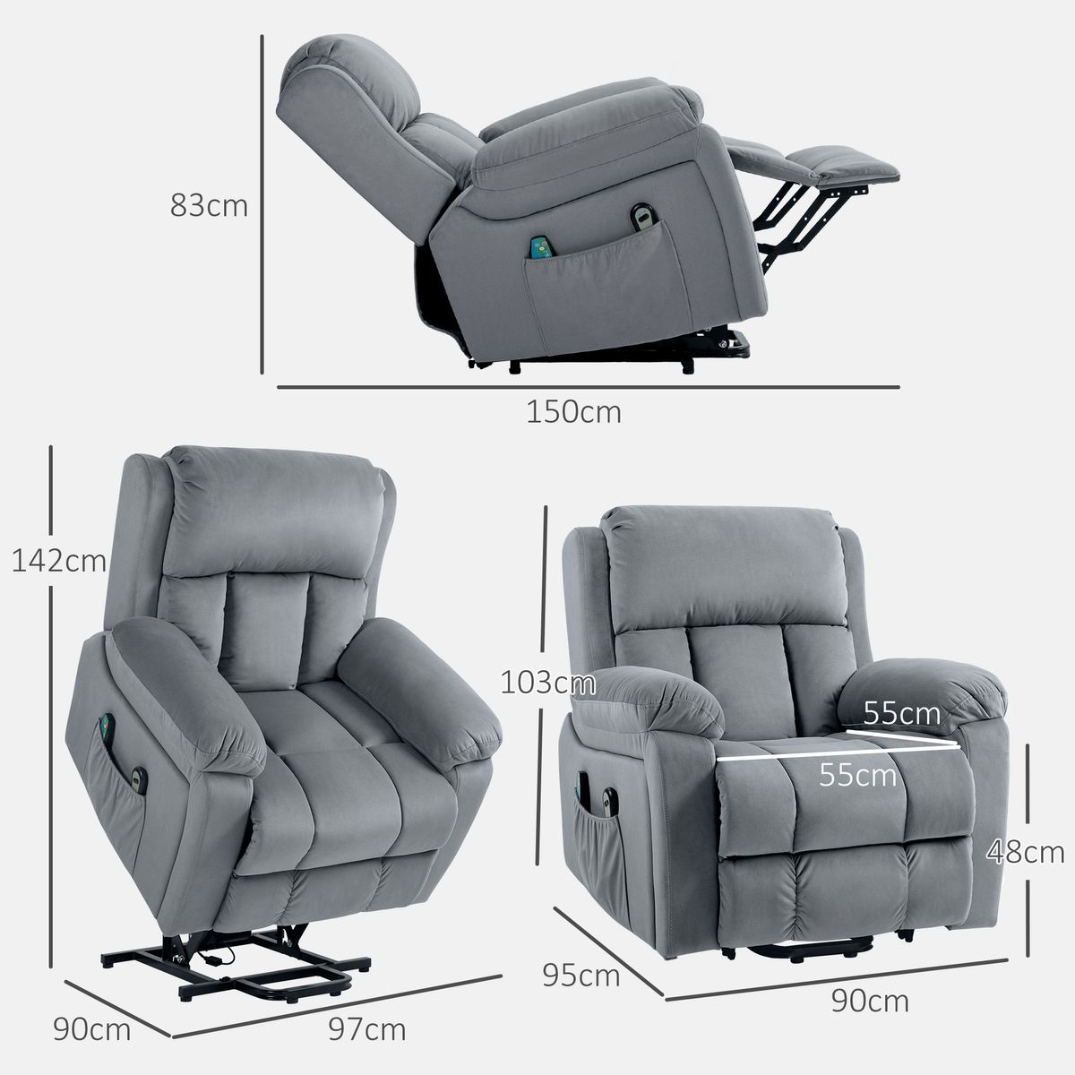 Sillón relax Leire Homcom eleva personas + masajeador + calefacción lumbar gris  103x90x95 cm