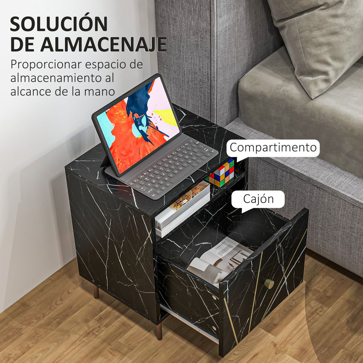 Mesita de noche Ágata Homcom armario + compartimento negro 50x39x30 cm
