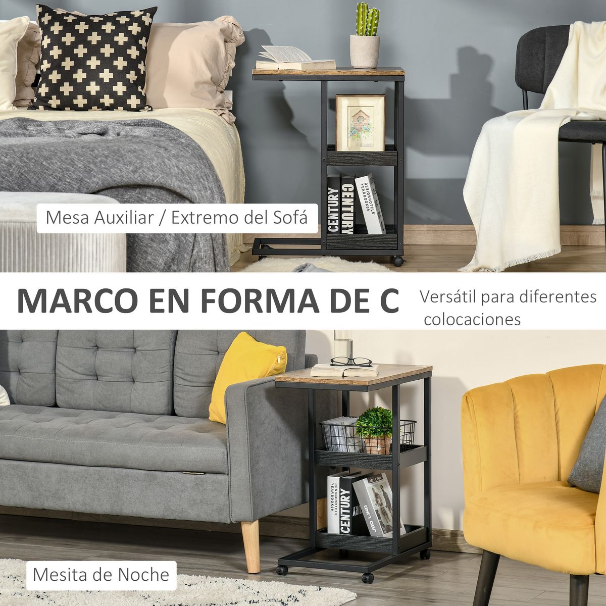 Mesa auxiliar Houston Homcom 3 niveles con ruedas marrón 66x33x51 cm