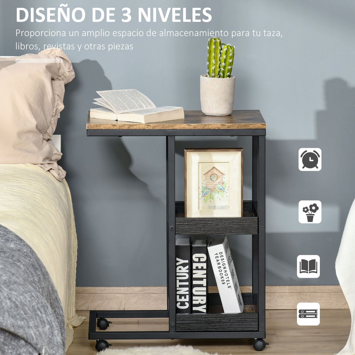 Mesa auxiliar Houston Homcom 3 niveles con ruedas marrón 66x33x51 cm