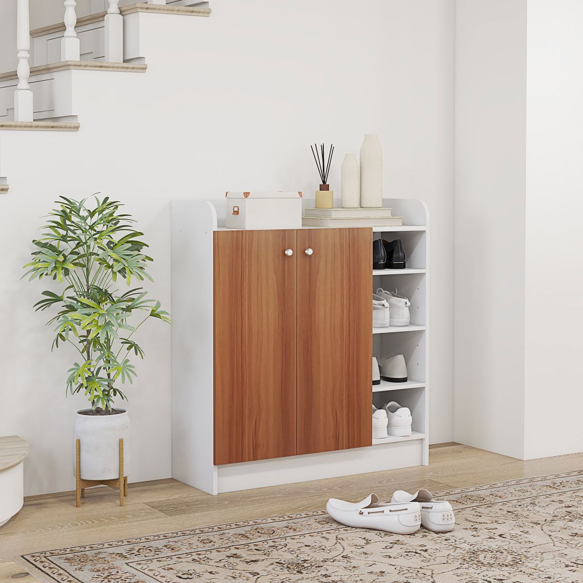 Armario zapatero Dino Homcom 2 puertas + 8 estantes ajustables blanco/natural 90x83x30 cm