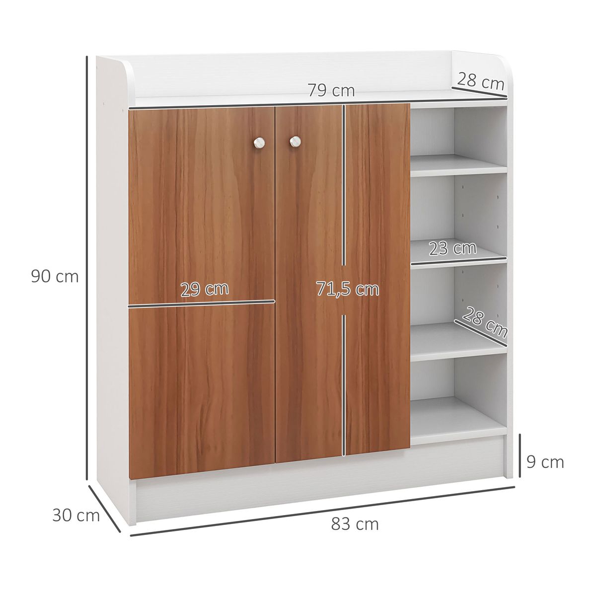 Armario zapatero Dino Homcom 2 puertas + 8 estantes ajustables blanco/natural 90x83x30 cm