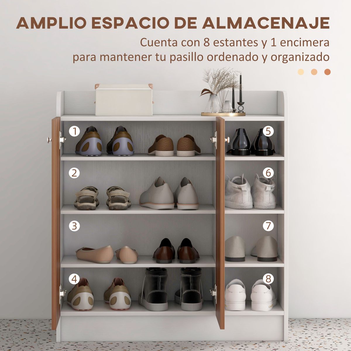 Armario zapatero Dino Homcom 2 puertas + 8 estantes ajustables blanco/natural 90x83x30 cm