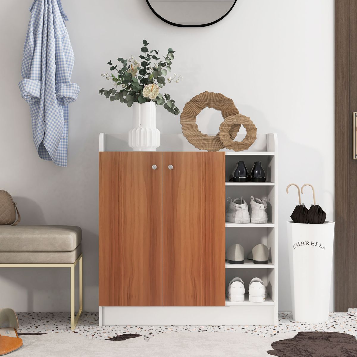 Armario zapatero Dino Homcom 2 puertas + 8 estantes ajustables blanco/natural 90x83x30 cm