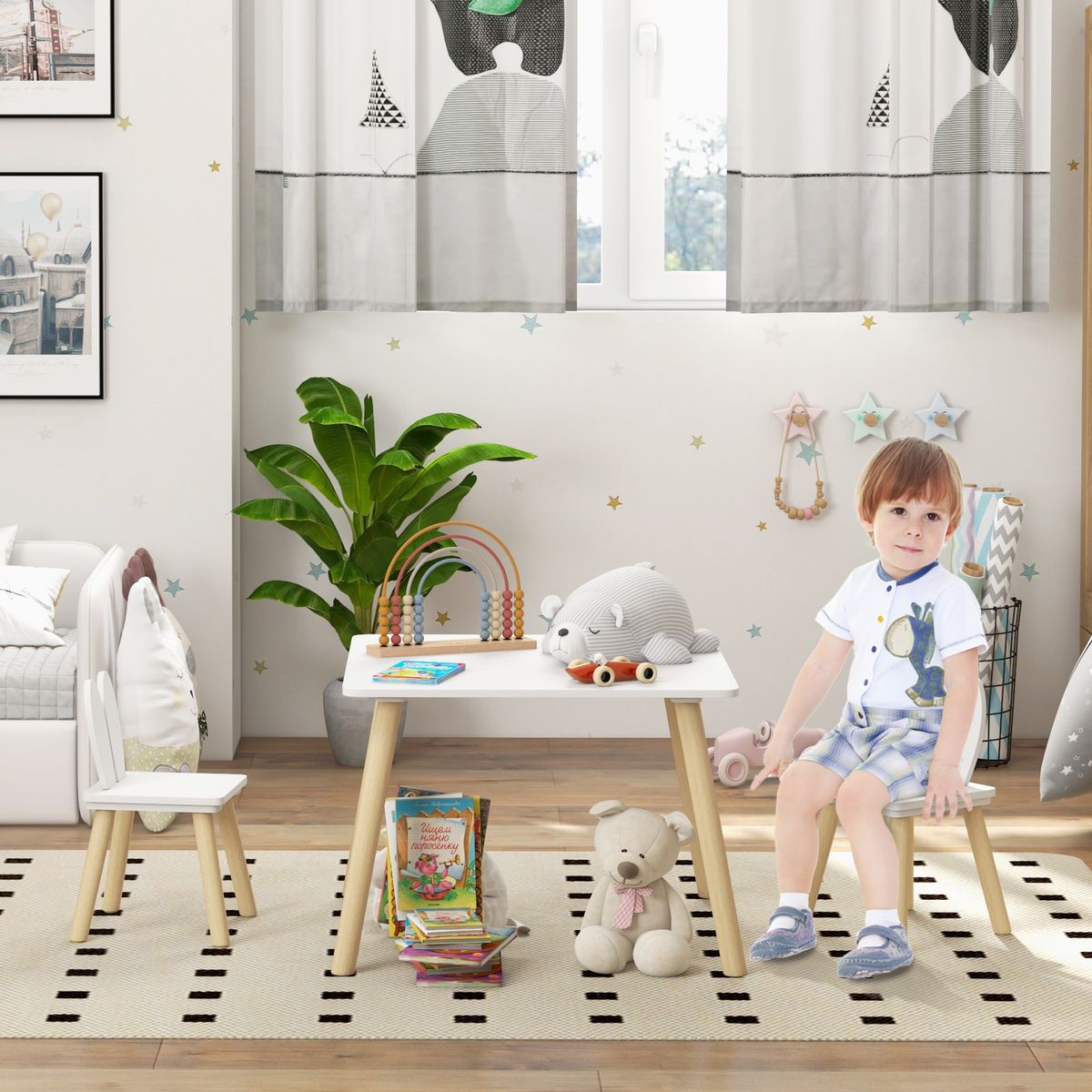 Conjunto infantil Dalia Aiyaplay mesa + 2 sillas +3A blanco/natural  animada