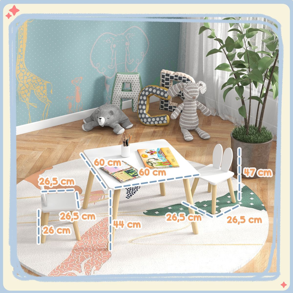 Conjunto infantil Dalia Aiyaplay mesa + 2 sillas +3A blanco/natural