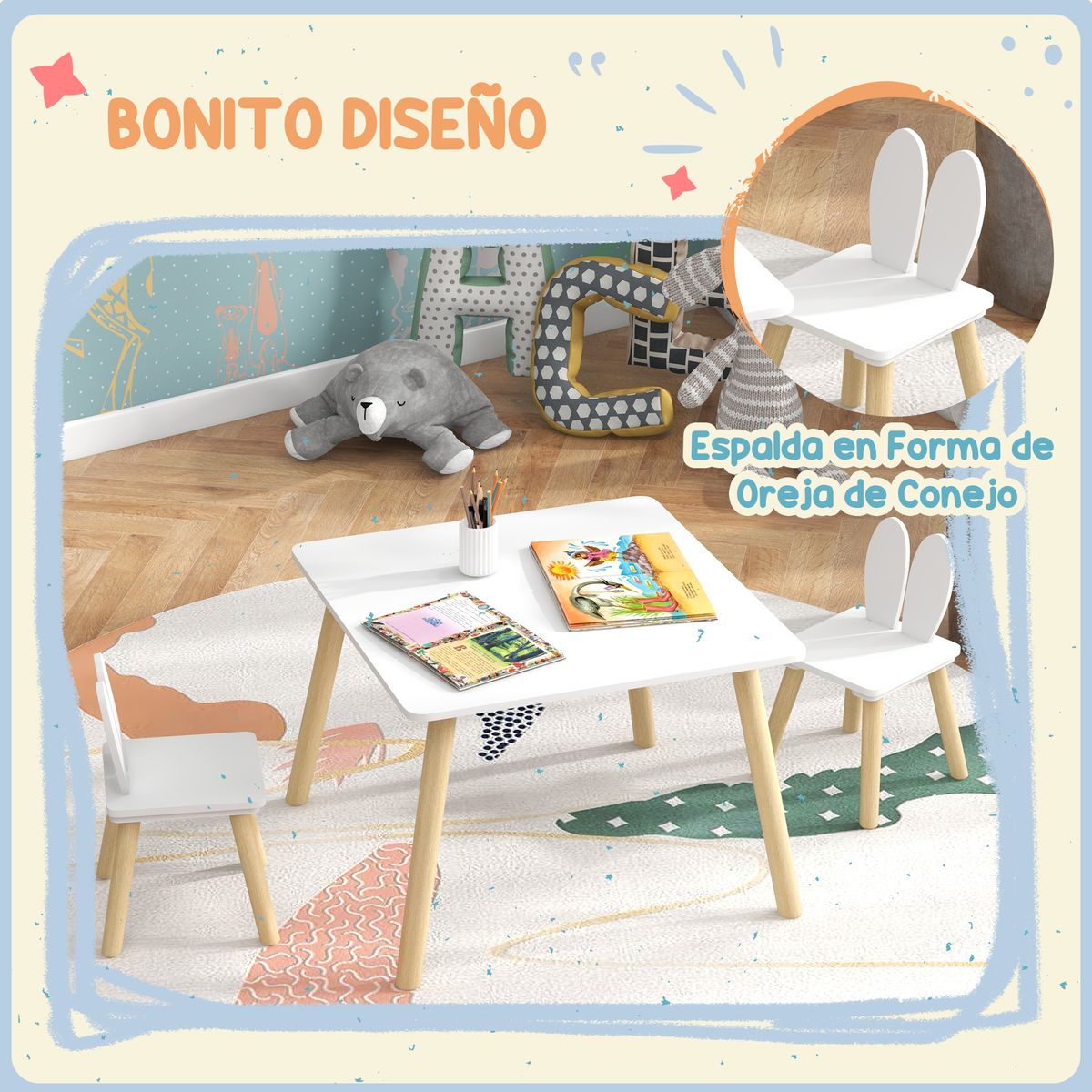 Conjunto infantil Dalia Aiyaplay mesa + 2 sillas +3A blanco/natural