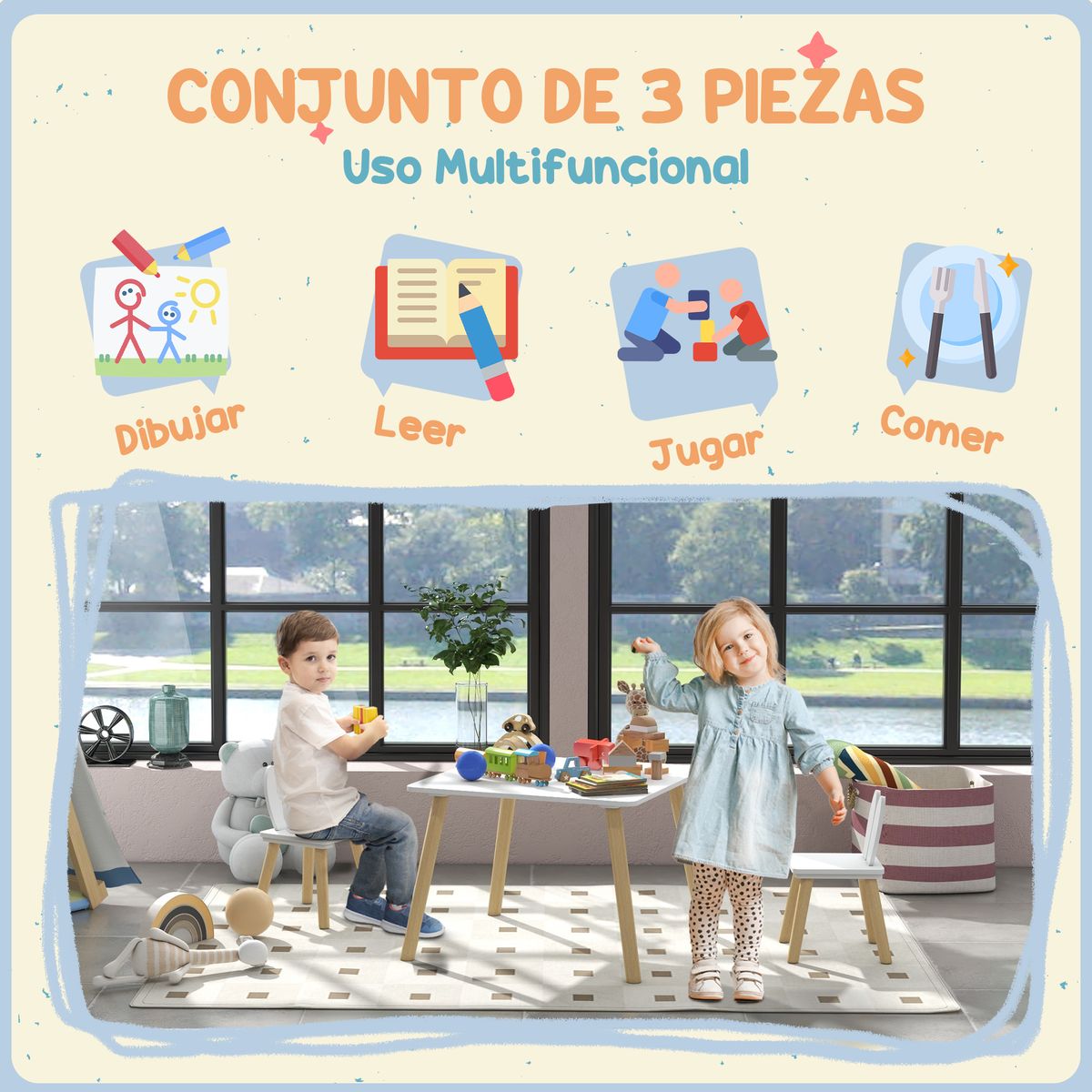Conjunto infantil Dalia Aiyaplay mesa + 2 sillas +3A blanco/natural