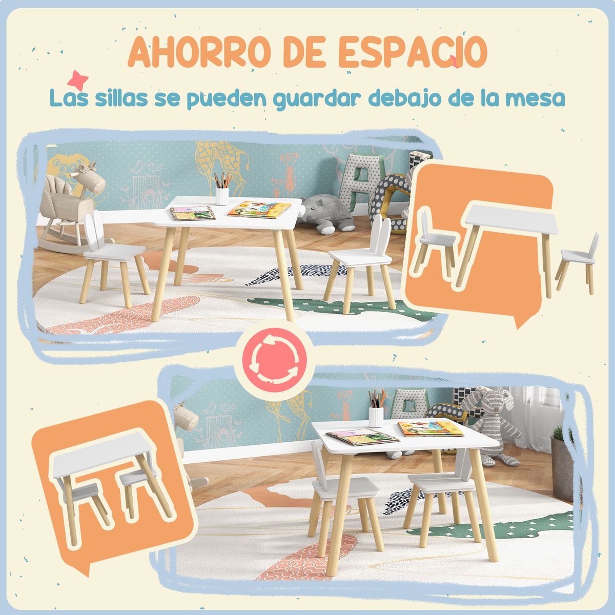 Conjunto infantil Dalia Aiyaplay mesa + 2 sillas +3A blanco/natural