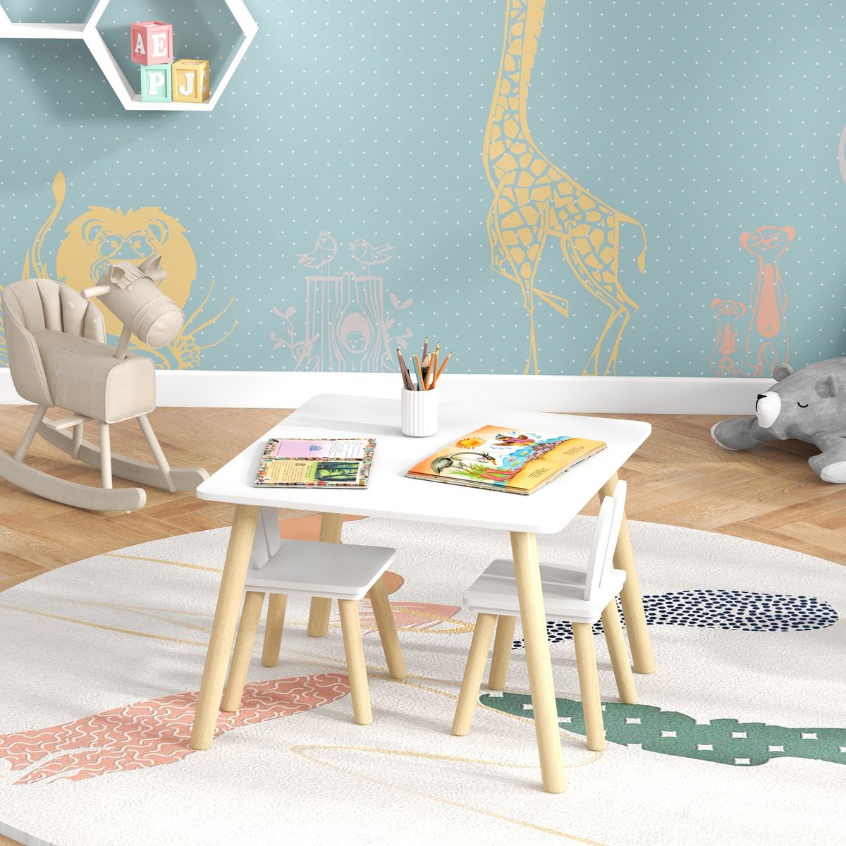 Conjunto infantil Dalia Aiyaplay mesa + 2 sillas +3A blanco/natural