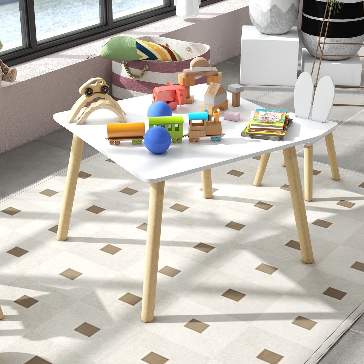 Conjunto infantil Dalia Aiyaplay mesa + 2 sillas +3A blanco/natural