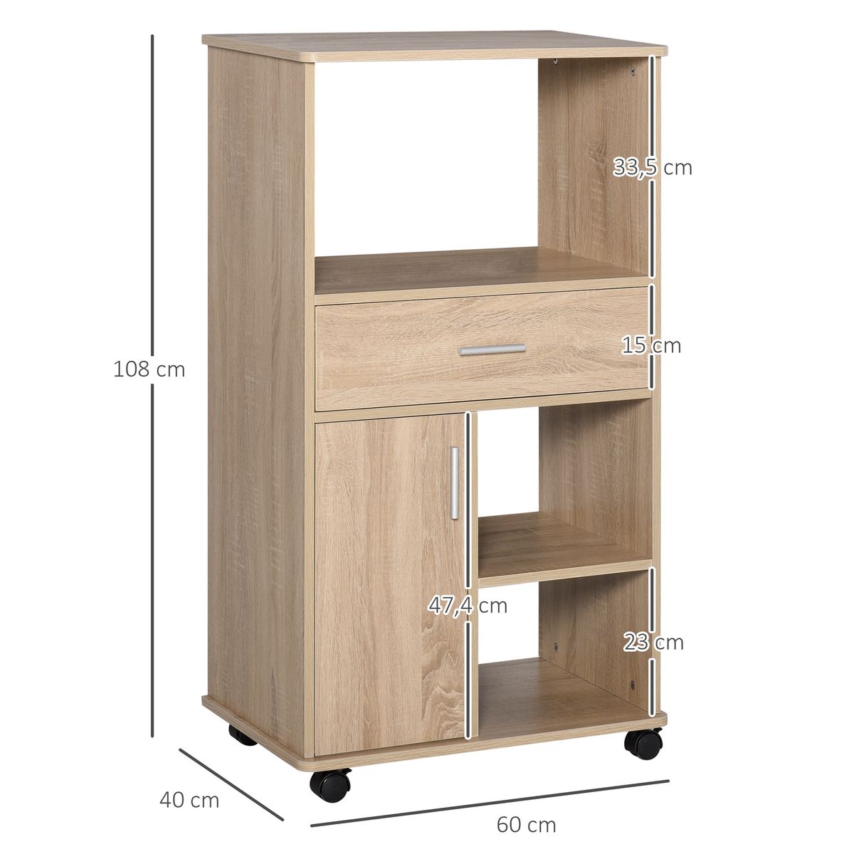 Carro de cocina Smart Homcom cajón + armario + estante roble 108x60x40 cm