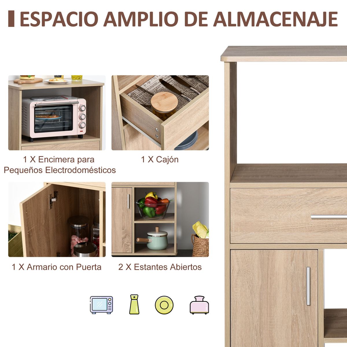 Carro de cocina Smart Homcom cajón + armario + estante roble 108x60x40 cm