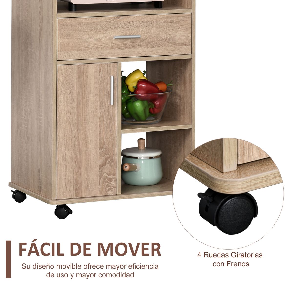 Carro de cocina Smart Homcom cajón + armario + estante roble 108x60x40 cm
