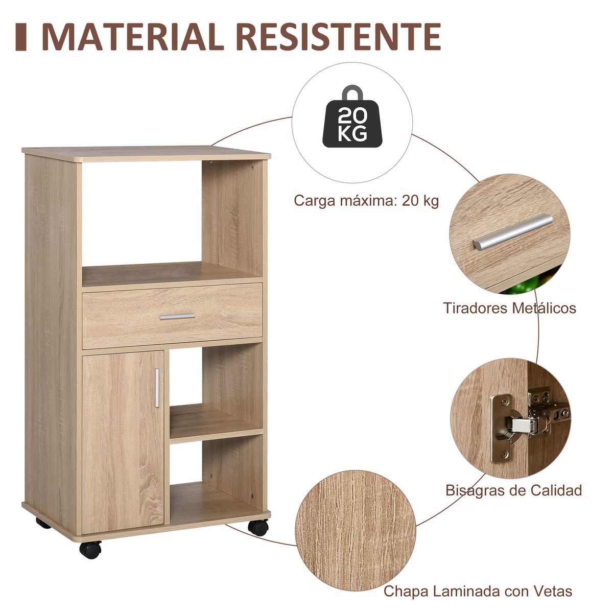 Carro de cocina Smart Homcom cajón + armario + estante roble 108x60x40 cm