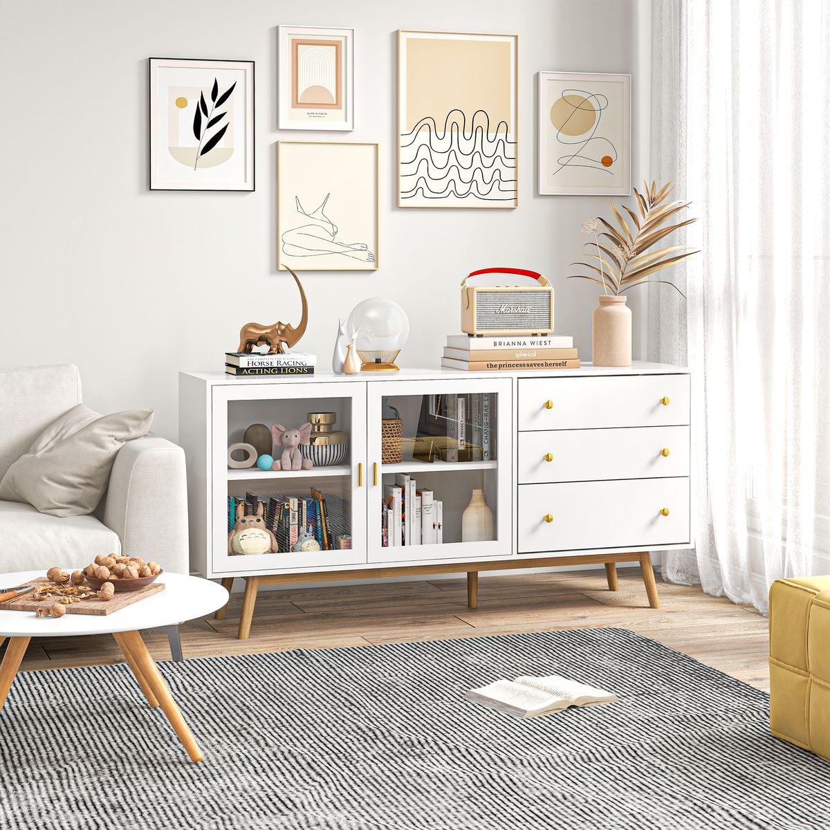 Aparador Columba Homcom 2 puertas + 3 cajones blanco 80x160x40 cm ambientada