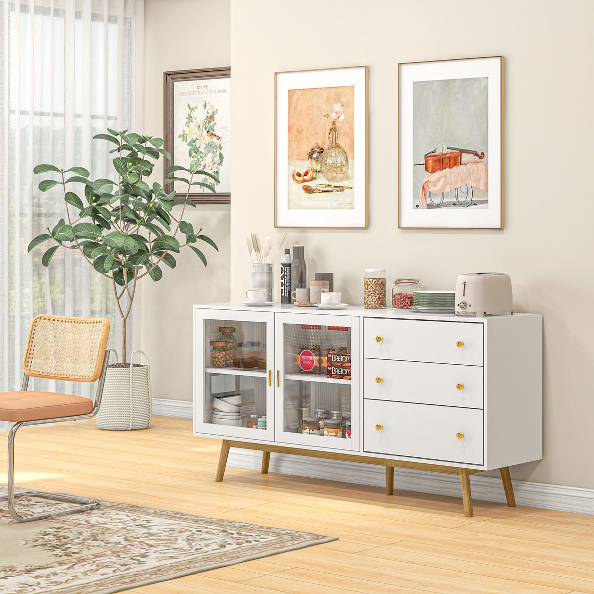 Aparador Columba Homcom 2 puertas + 3 cajones blanco 80x160x40 cm