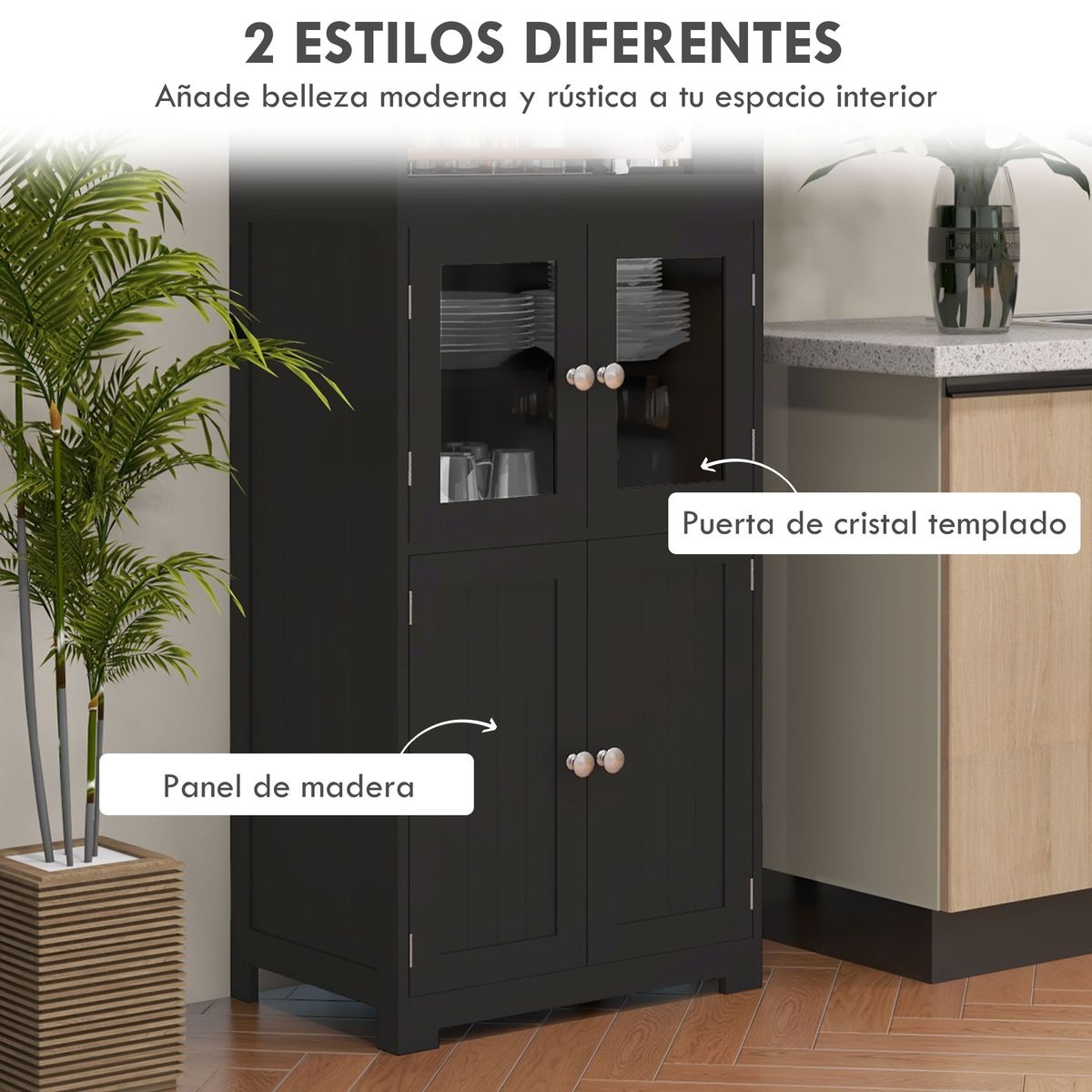 Aparador Pirita Homcom 2 armarios + compartimentos negro 162x60x30 cm