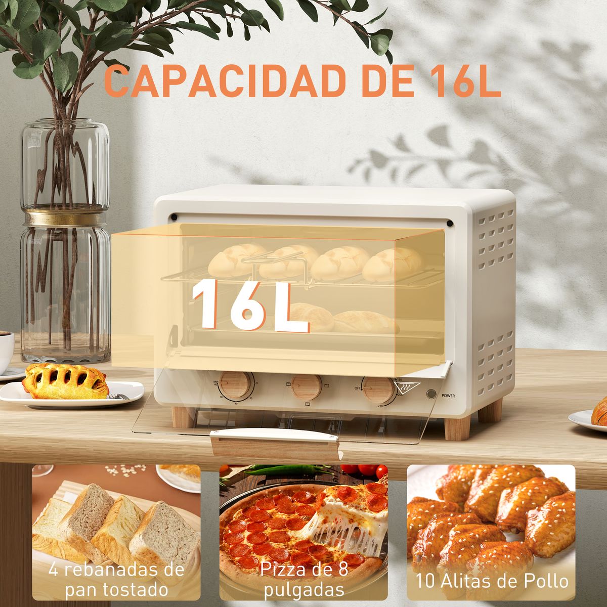 Horno de sobremesa Candy Homcom 1400w 16L 3 modos crema 28,8x39x27,5 cm