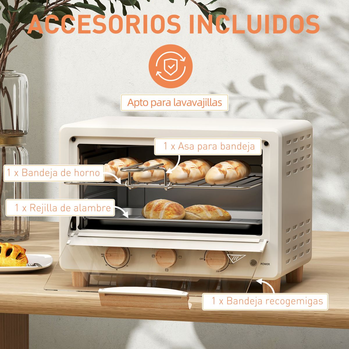 Horno de sobremesa Candy Homcom 1400w 16L 3 modos crema 28,8x39x27,5 cm