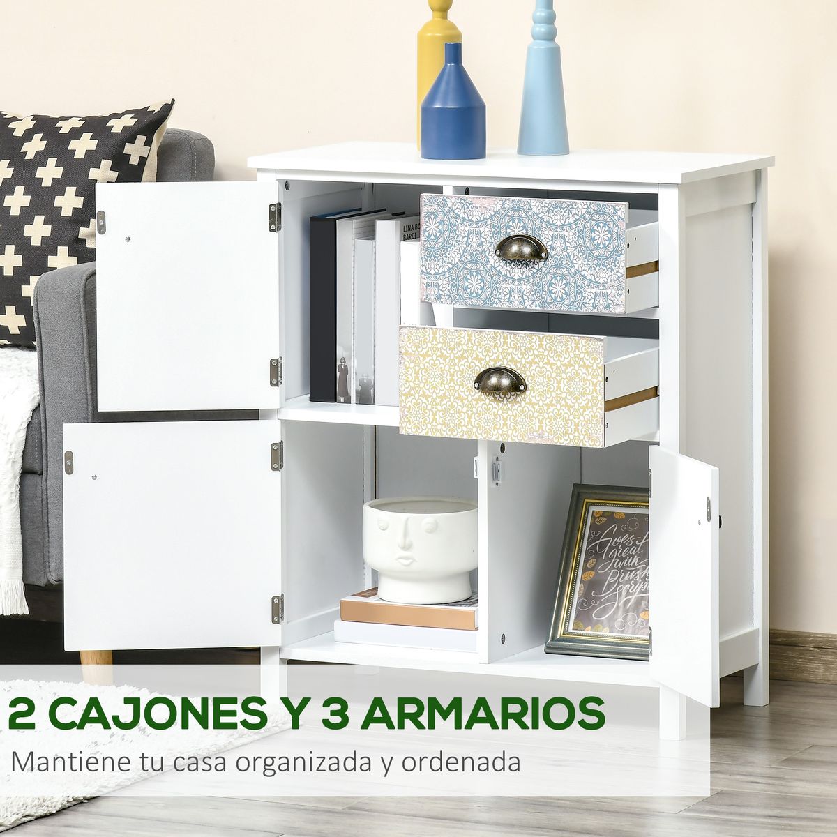 Cómoda Hortensia Homcom 2 cajones + 3 armarios blanco 80x68x34 cm