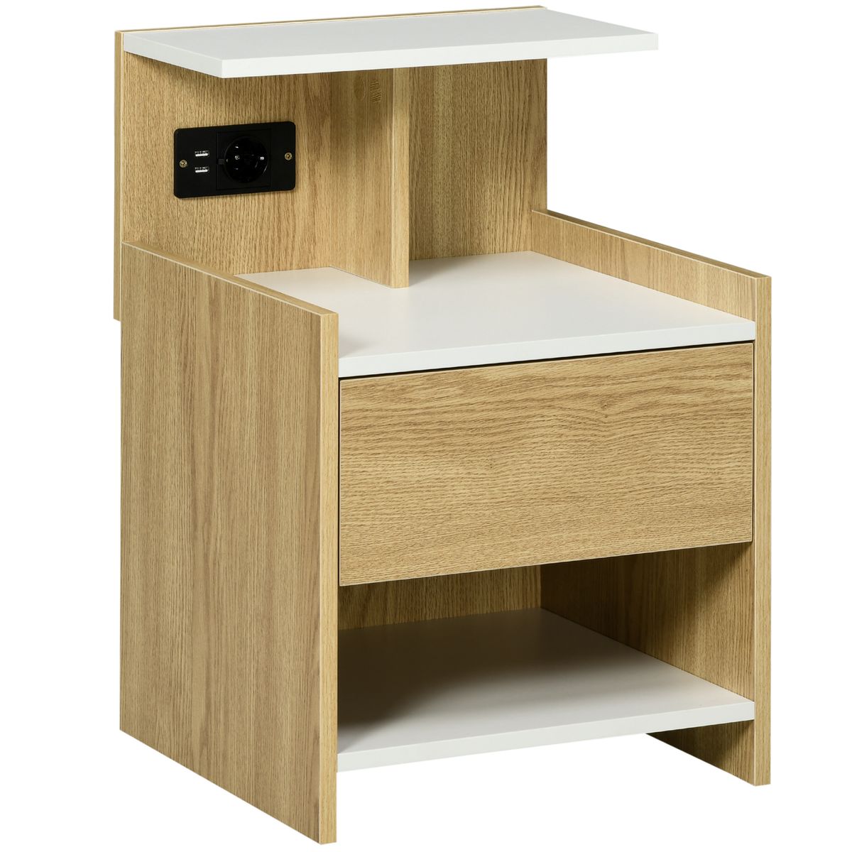 Mesita de noche Echeveria Homcom cajón + puertos USB + toma de corriente natural 60x40 cm fondo blanco