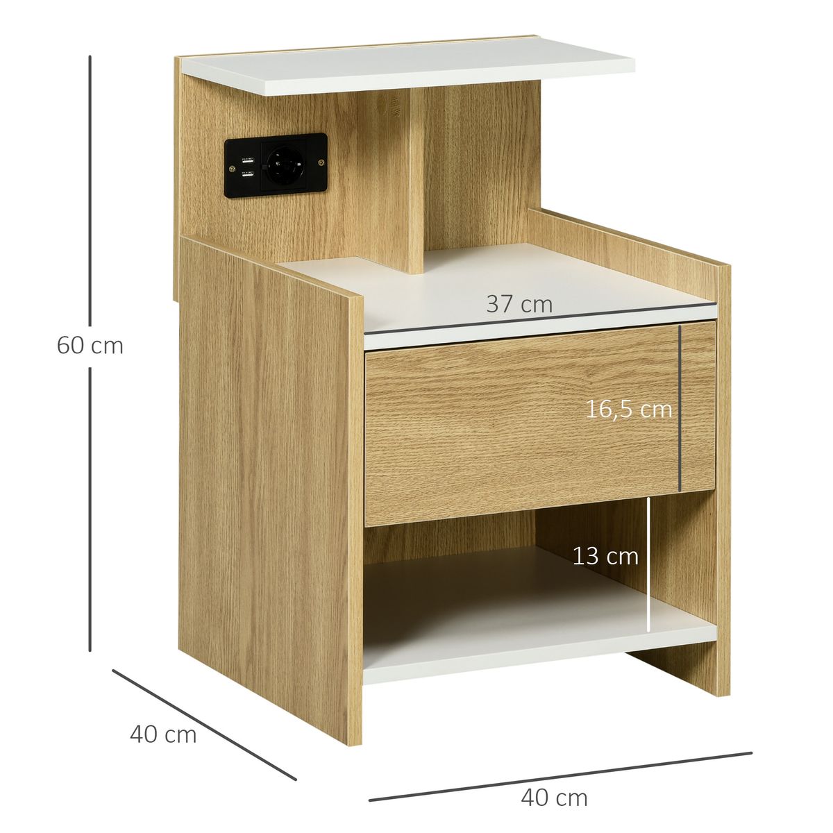 Mesita de noche Echeveria Homcom cajón + puertos USB + toma de corriente natural 60x40 cm medidas