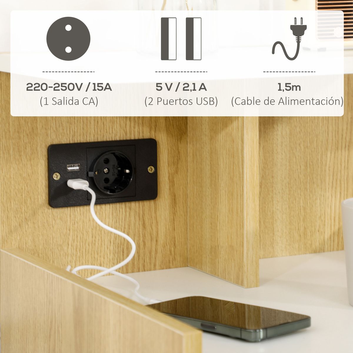 Mesita de noche Echeveria Homcom cajón + puertos USB + toma de corriente natural 60x40 cm carga