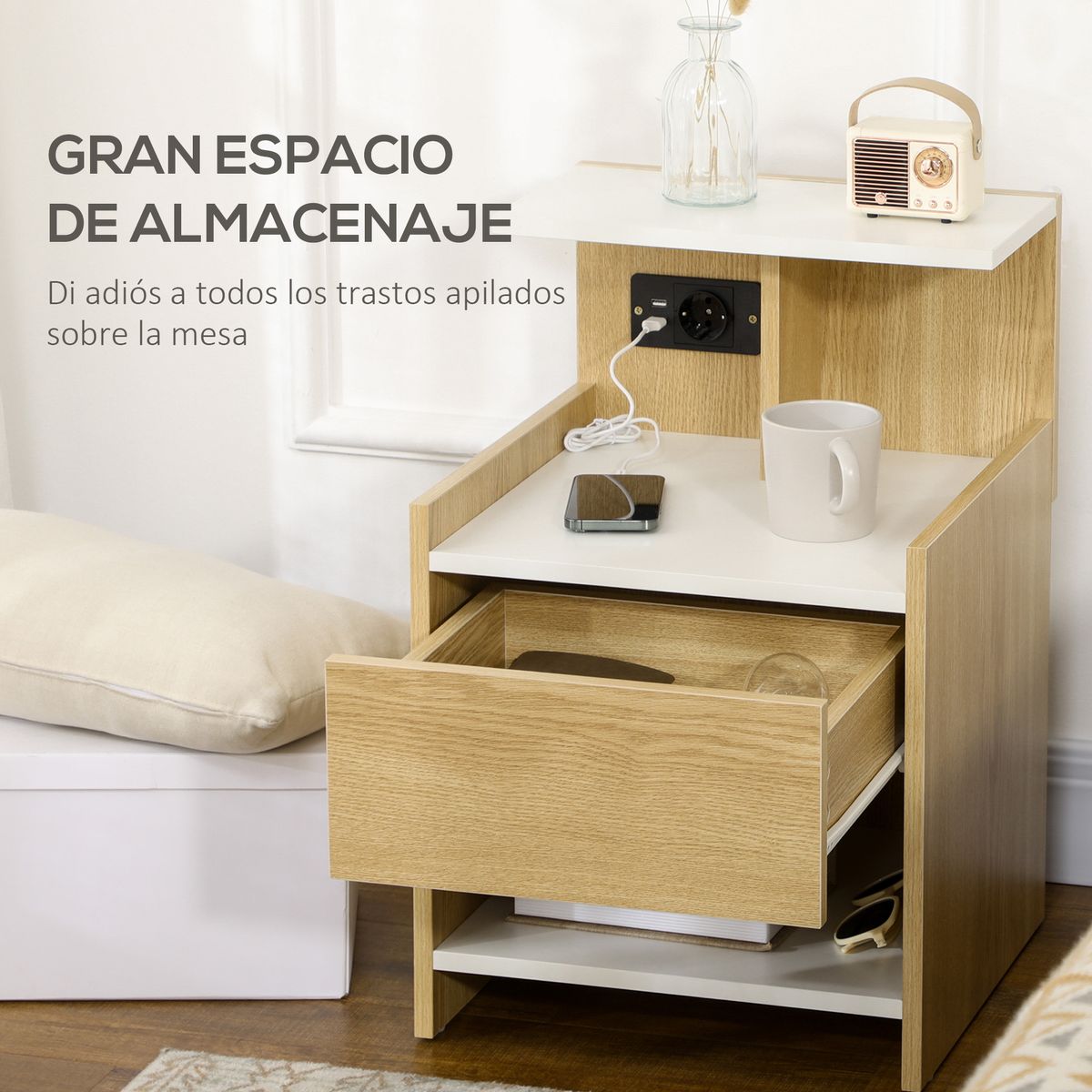 Mesita de noche Echeveria Homcom cajón + puertos USB + toma de corriente natural 60x40 cm