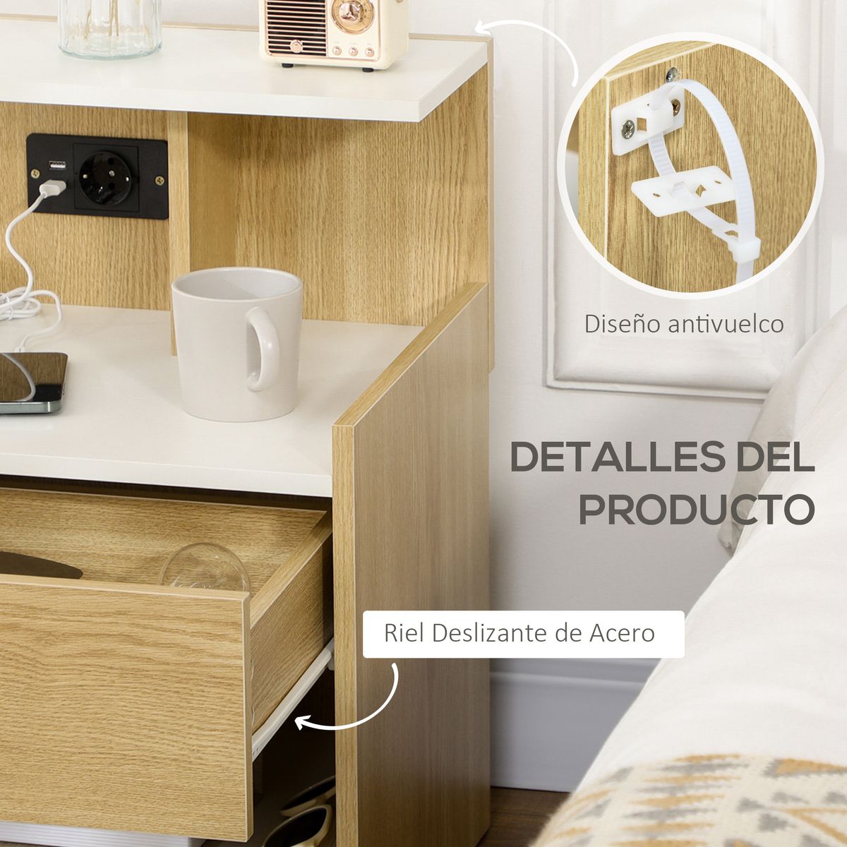 Mesita de noche Echeveria Homcom cajón + puertos USB + toma de corriente natural 60x40 cm