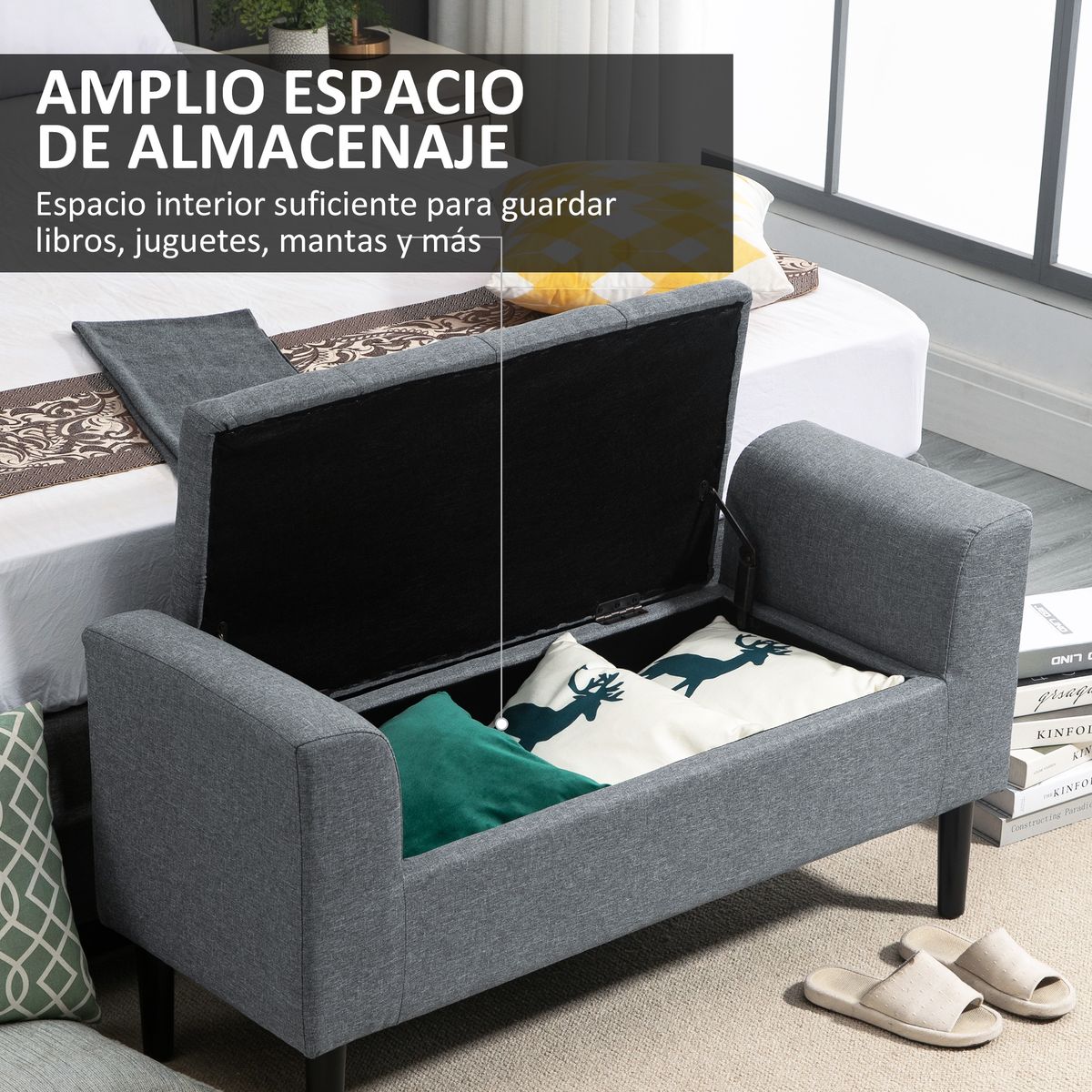 Banco de almacenaje Slim Homcom con tapa abatible gris 58x116x44 cm