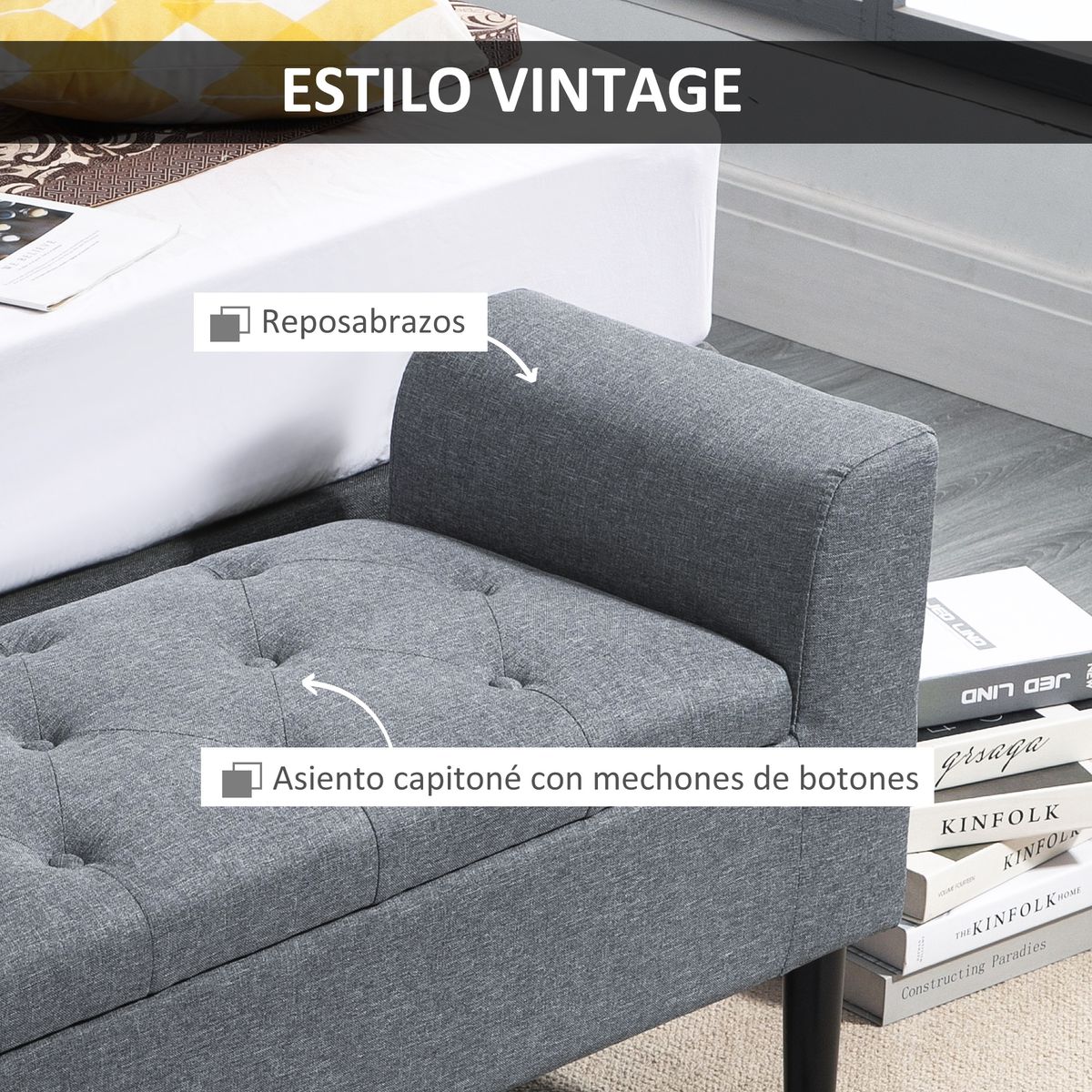 Banco de almacenaje Slim Homcom con tapa abatible gris 58x116x44 cm