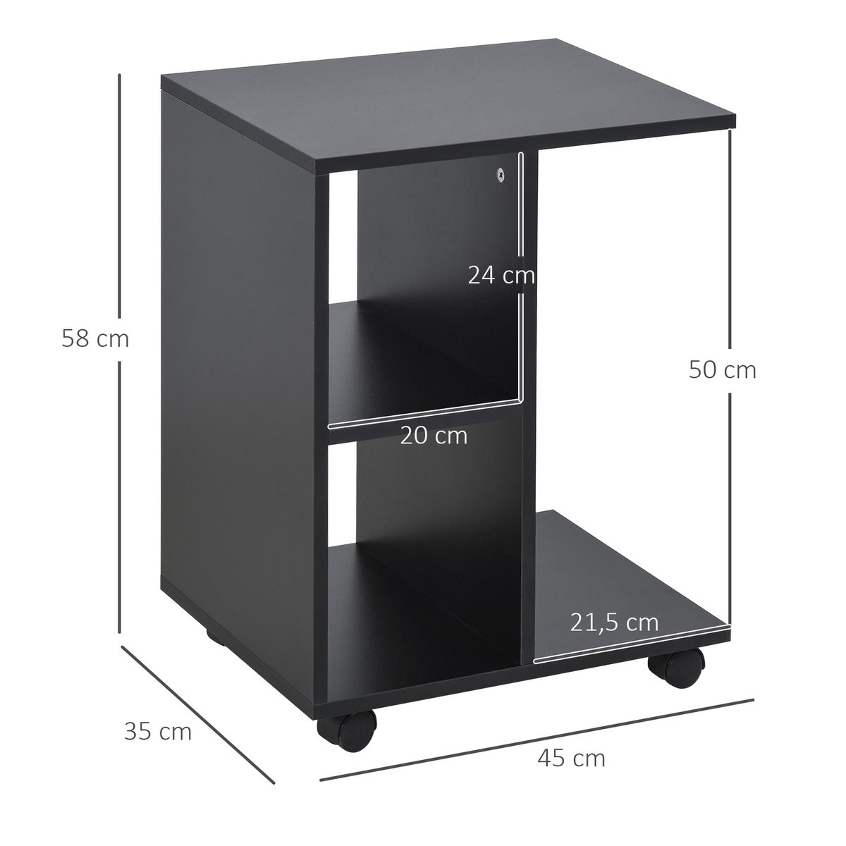 Mesa auxiliar Margarita Homcom 3 niveles con ruedas negro 58x45x35 cm medidas